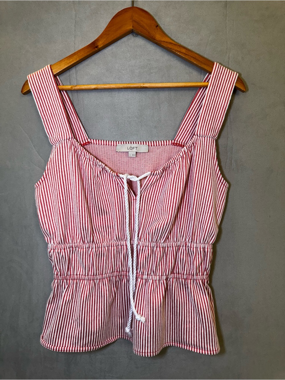 LOFT Striped Peplum Top M Red White Rope Tie Nautical Coastal Sleeveless